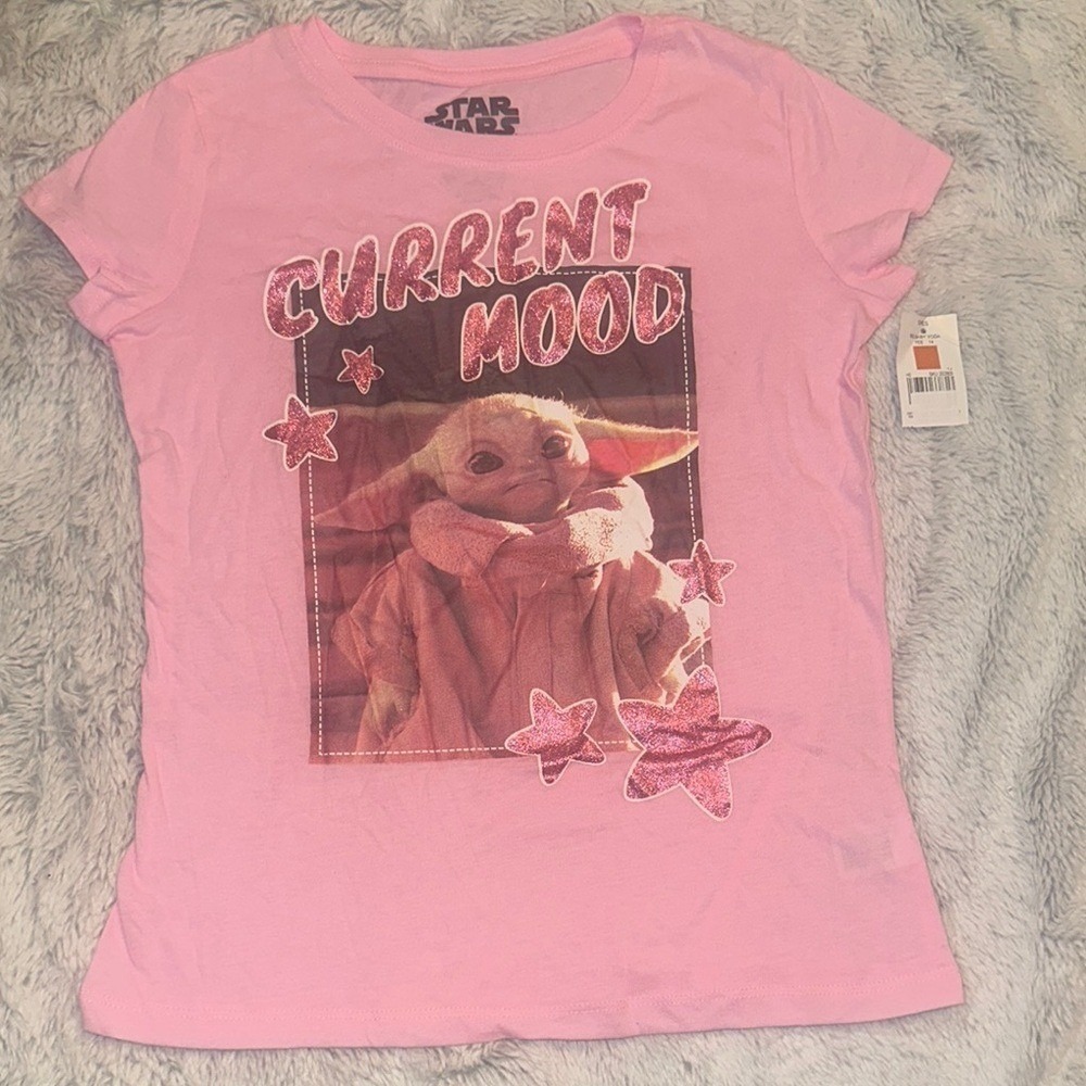 Star Wars Baby Yoda Grogu Pink Glitter Current Mood Graphic Tee Girls 10/12 NWT